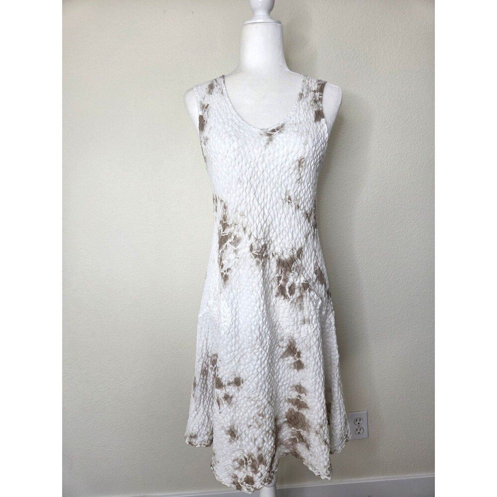 Luna Luz Lagenlook Dress White Brown Tie Dye Crinkle Textured Sleeveless Pocket